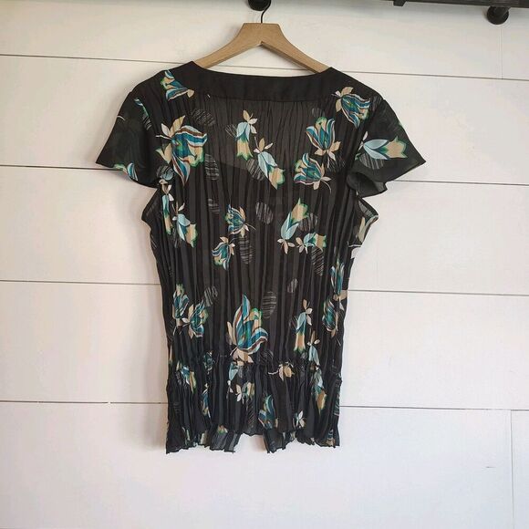 Y2K Square Neck Flutter Grunge Top XL Black Preppy Dark Dainty Pleated Floral - Picture 2 of 9